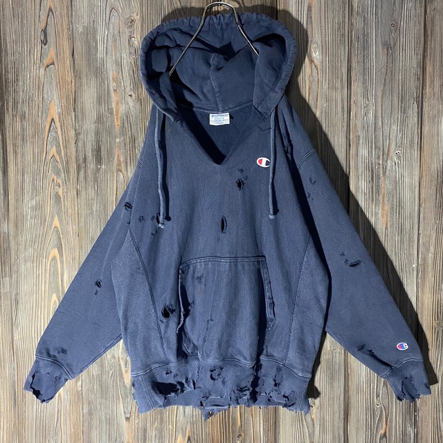 ［Champion］reverse weave broken navy hoodie