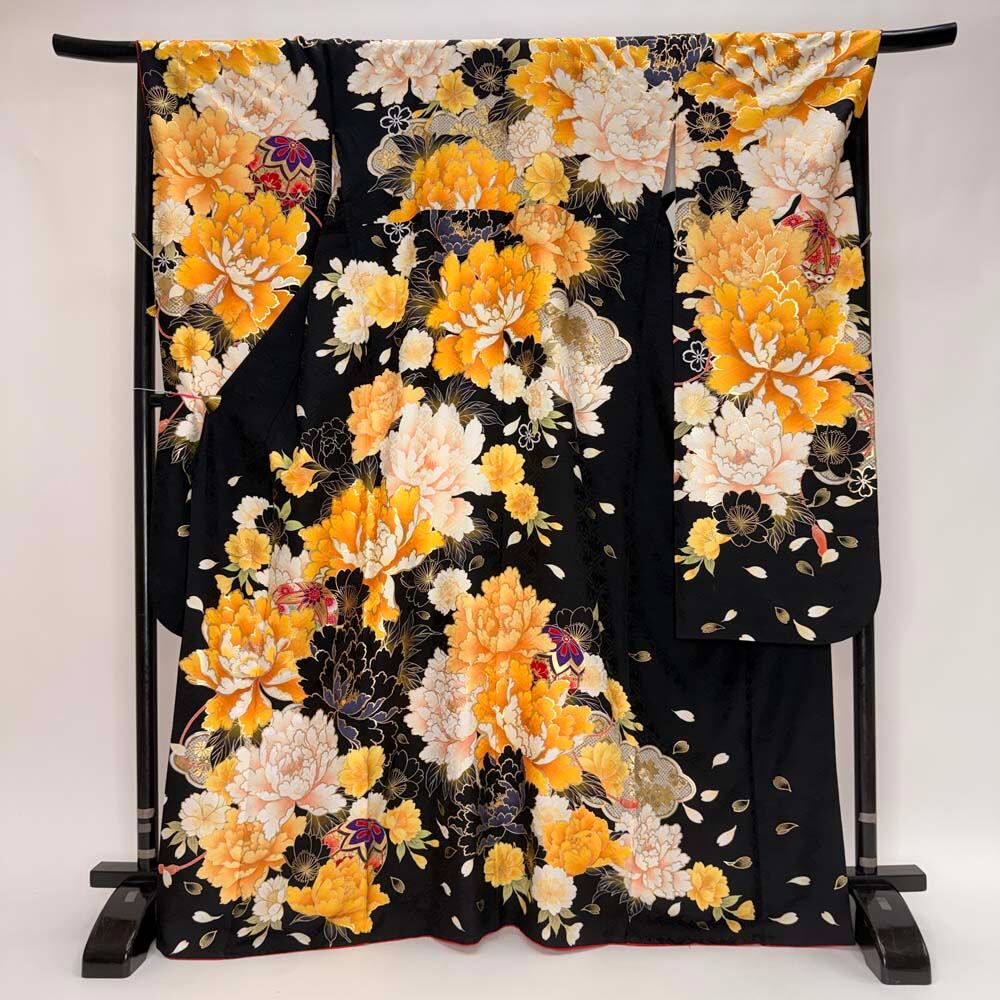 振袖 中古 黒 正絹 古典 裄69cm 身丈170cm 美品 L サイズ 成人式 6741