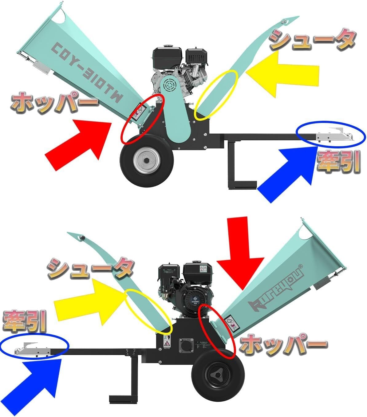 ウッドチッパー Kareyouエンジン粉砕機 木材最大130mm粉砕能力