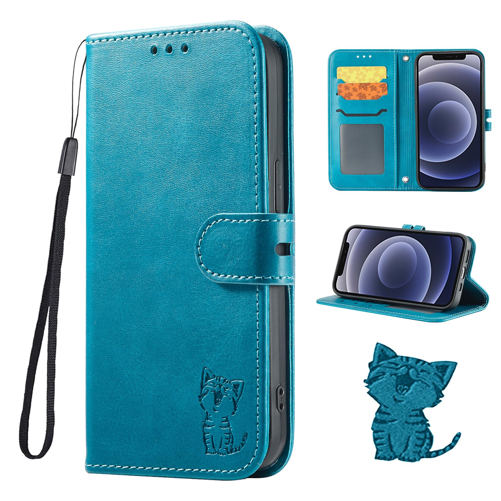 AQUOS R10 ケース 手帳型 アクオスR10 docomo SH-51F カバー sh51f 手帳 case 笑顔猫ちゃん ストラップ付き カード入れ スタンド機能 ターコイズ