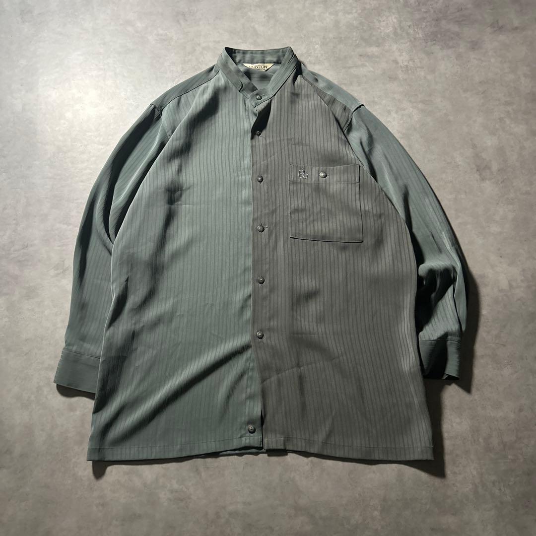 BONTON ヴィンテージ 切り替え グリーン ノーカラー デザイン シャツ