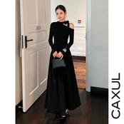 Ribbon Neck Cutout Shoulder Long Dress/3color