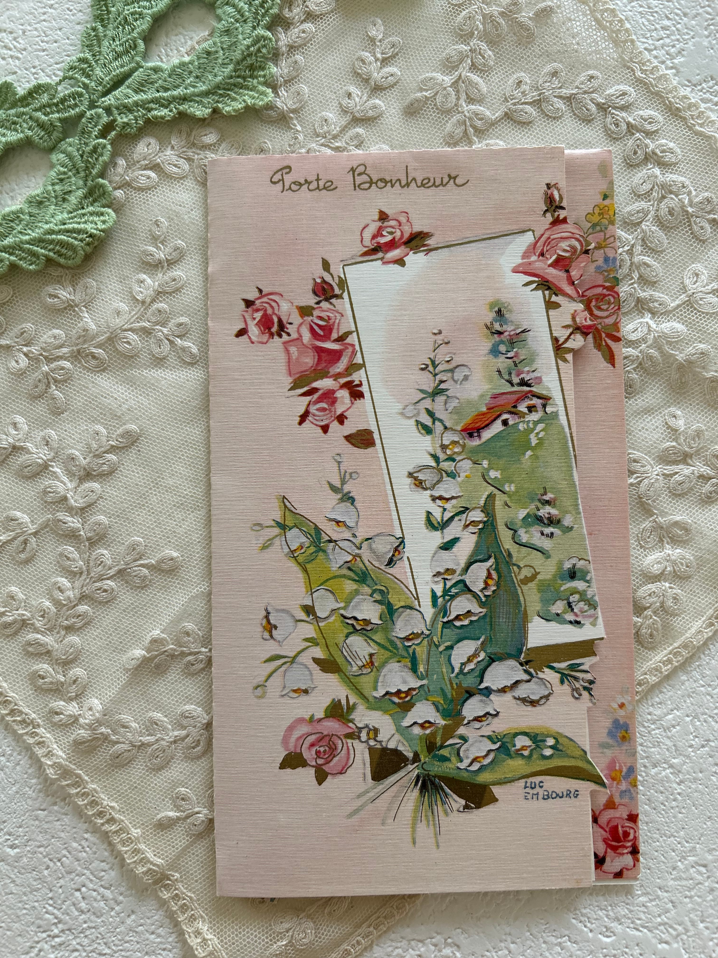 フランスアンティーク 仕掛けカード Muget すずらん Rose ピンク porte-bonheur インテリア 見開きタイプ