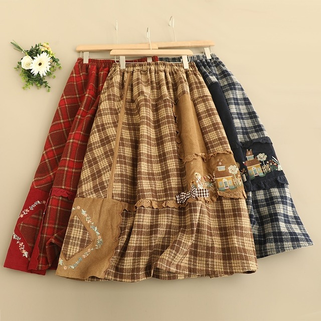 チェック柄フォレスト刺繍パッチワークスカート W1132