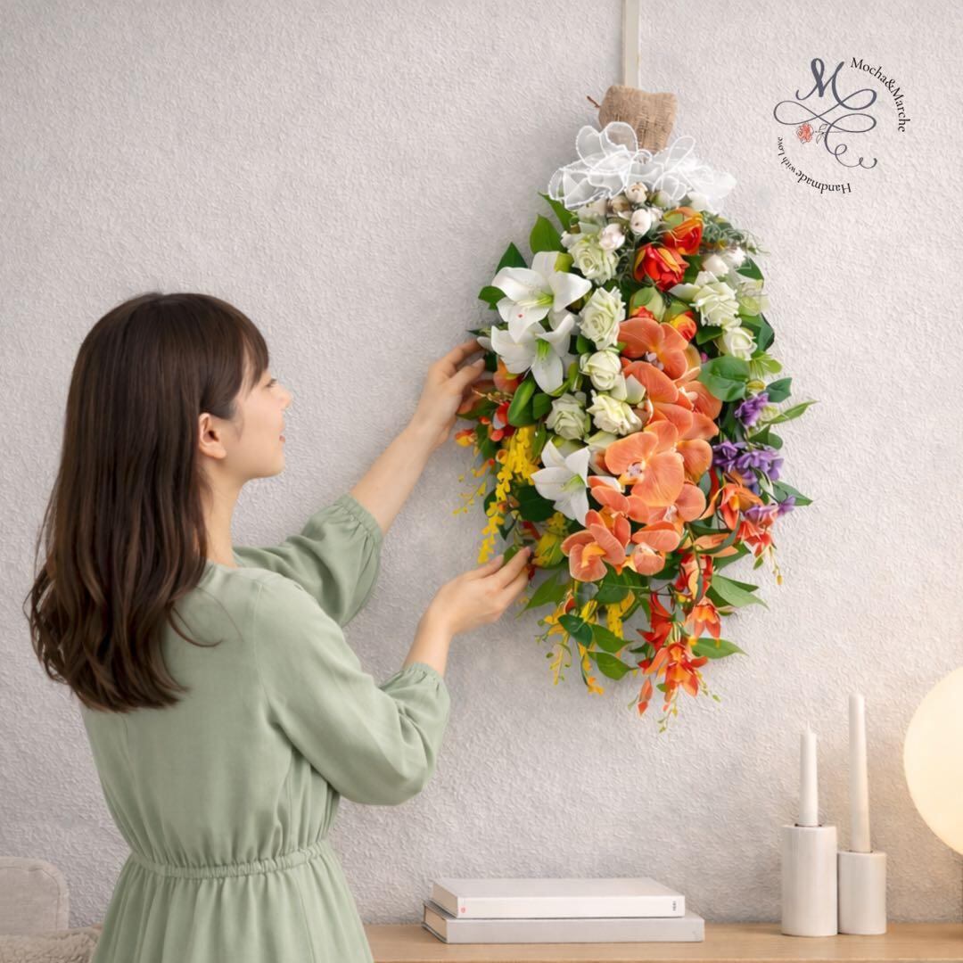 光触媒】至高の華やぎ 胡蝶蘭と薔薇の特大ロングスワッグ（68cm） 春の