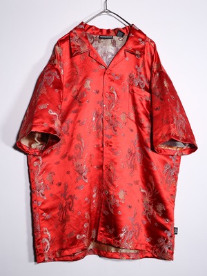 "龍" full pattern glossy fabric special open collar s/s shirt