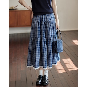 high waist blue checked skirt