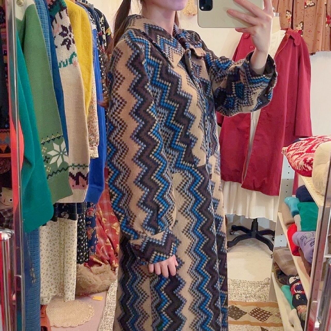 blue brown zigzag wool one-piece