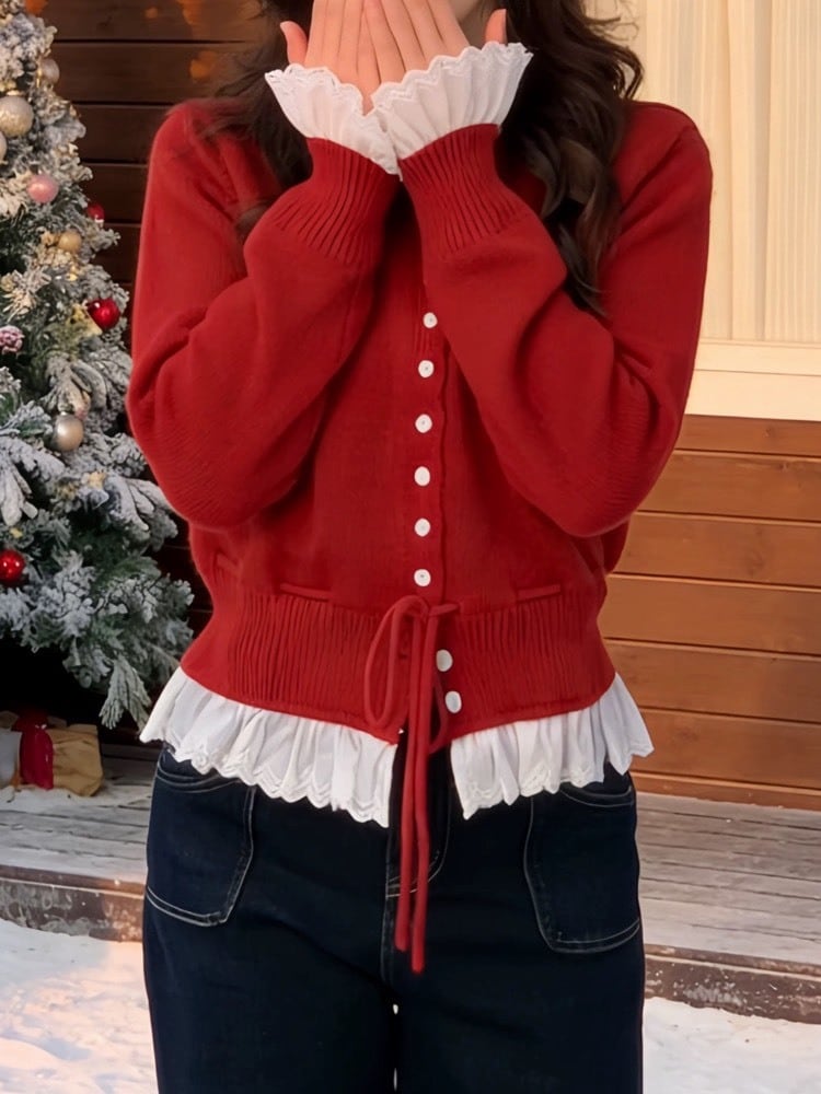 きゅっと結んでふんわり可愛い ウエストリボン×フリル裾ニット ペプラム きれいめ 前ボタン フェミニン おしゃれ 体型カバー 大きいサイズ 韓国 CH11359