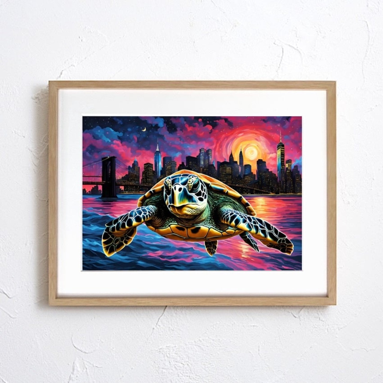 Leaving New York｜コラージュアートポスター 空を飛ぶ亀が描く幻想世界｜モダン空間を彩るユニークで神秘的なインテリア作品A4ポスター