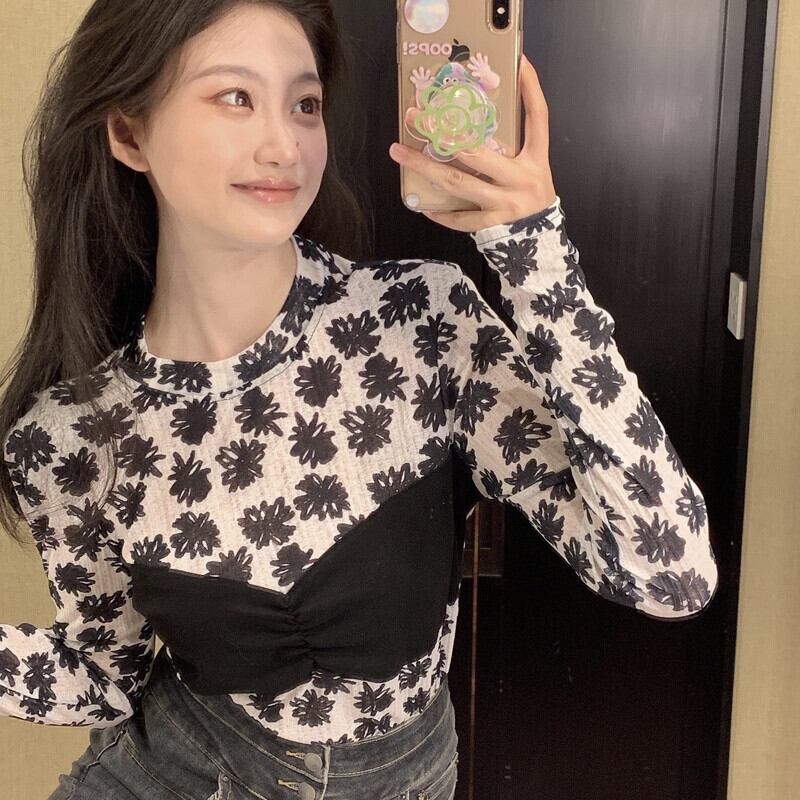 薄手トップス レディースオータムスリムフローラルTシャツ ロング 秋物 花柄 ステッチ ガールズファッション9969903284