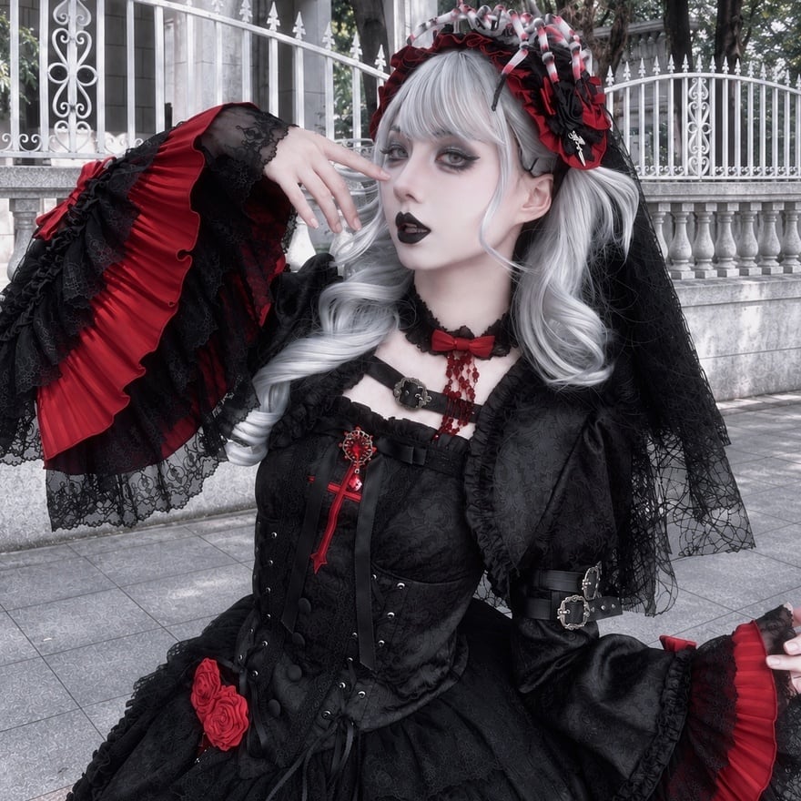 ゴシック チョーカー ハート レース リボン 黒 ハロウィン /深淵の庭の守護者 深紅薔薇の黒夜会 多段フリル姫袖ゴスロリジャンパースカート3点セット