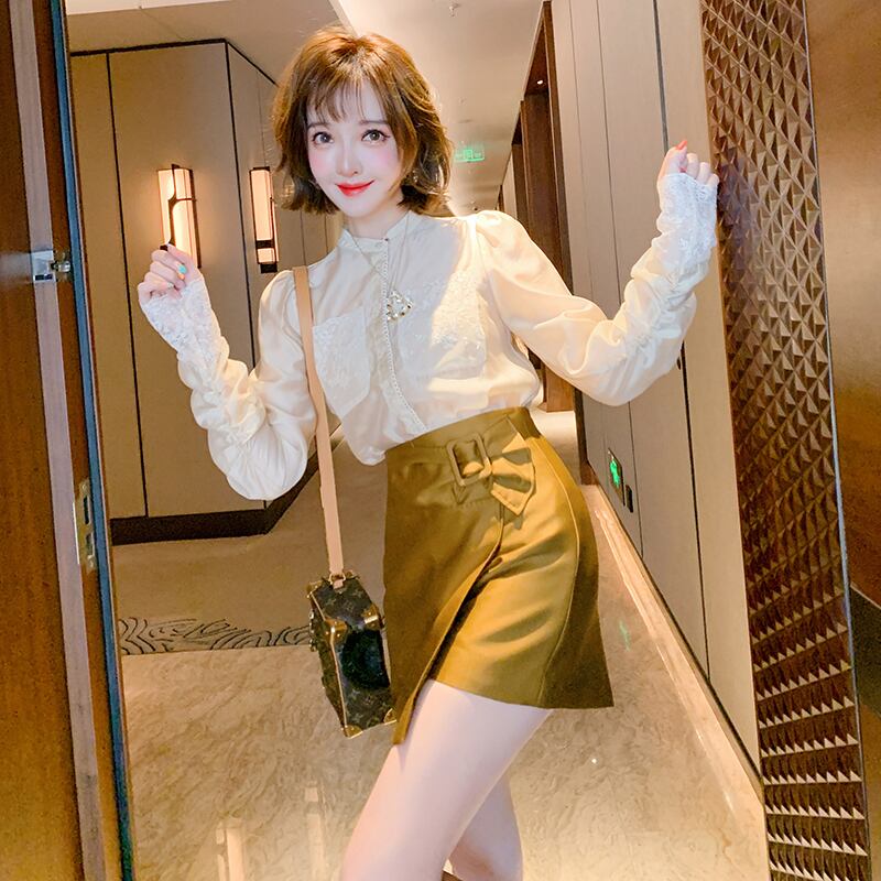 レースパターンシャツ ハイウェストウェストスカート パンツ スプリング 春物 ステッチ MIUCO79526177810