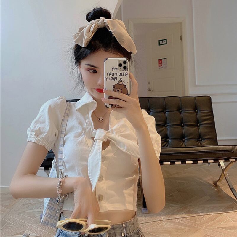 サマースリムホワイトショートシャツ トップス レディース 夏物 YY-ファッション28882287204