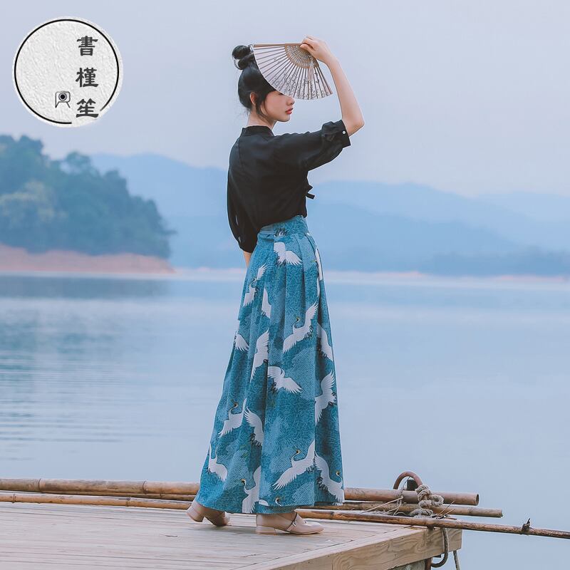 書槿笙シリーズ チャイナ風スカート 巻きスカート ロング丈 鶴 和風 可愛い 合わせやすい S M L Elegant 書槿笙シリーズ チャイナ風スカート 巻きスカート ロング丈 鶴 和風 可愛い 合わせやすい S M L Elegant