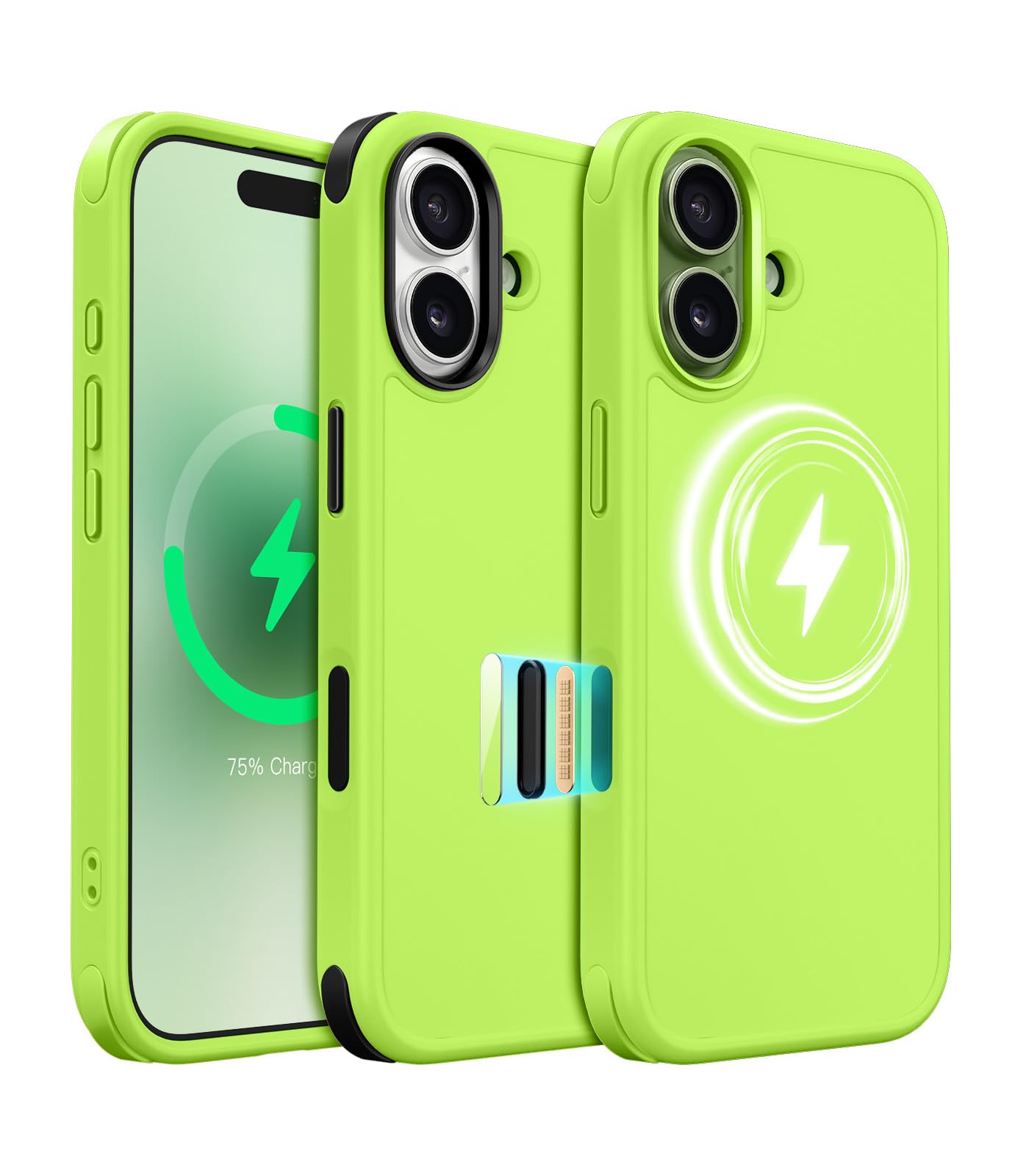 MobNano iPhone 17 ケース MagSafe対応 【2色の交換可能な角パーツ付き・DIY撞色デザイン】 耐衝撃 強力磁石 肌触り良い ナノコーティング 指紋防止 マット感 カバー ワイヤレス充電 アイフォン17 スマホケース (6.3インチ,蛍光グリーン)