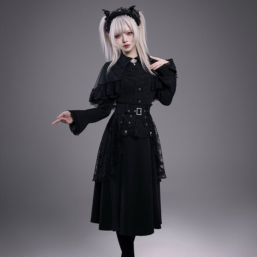 レース重ねブラックロングスカート｜ミモレ丈シルエットのサブカル系