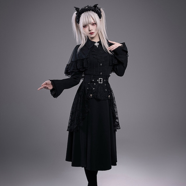 レース重ねブラックロングスカート｜ミモレ丈シルエットのサブカル系ゴシックスカート｜天使と悪魔