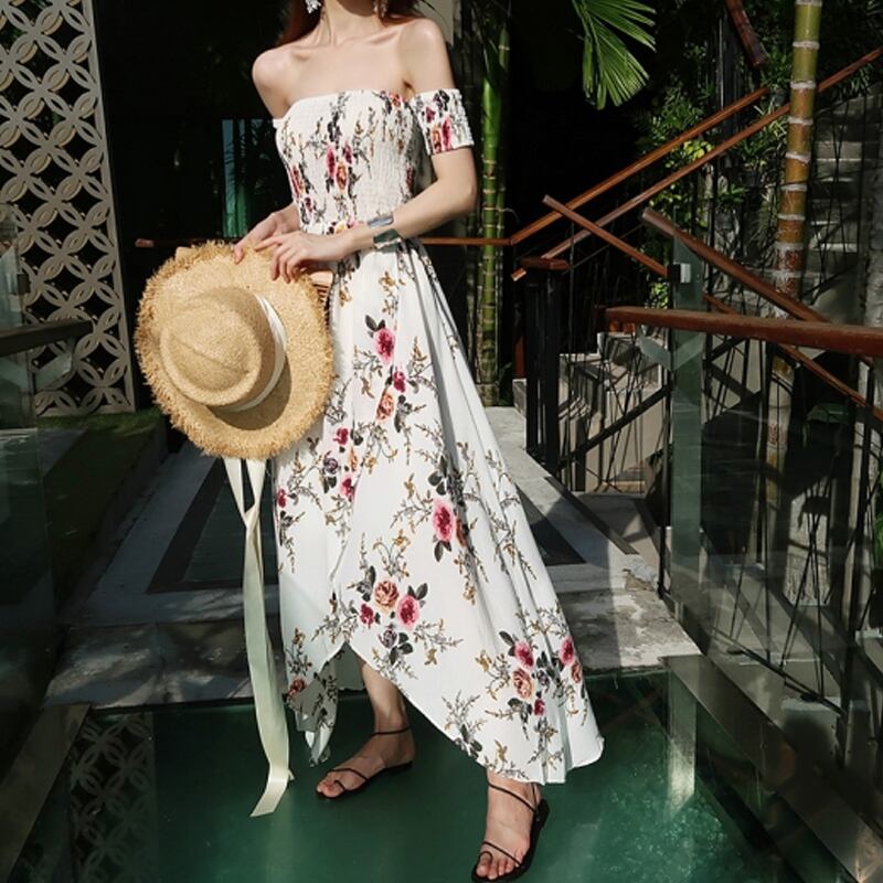 送料無料 オフショルダーワンピース オフショル チューブトップ マキシ 花柄 白 ホワイト ハイウエスト ビーチドレス サマードレス 可愛い ガーリー ボヘミアン お洒落 ビーチ リゾート デート 女子会 夏 Op 008hm ワンピースコーデのお店 Flower Silhouette