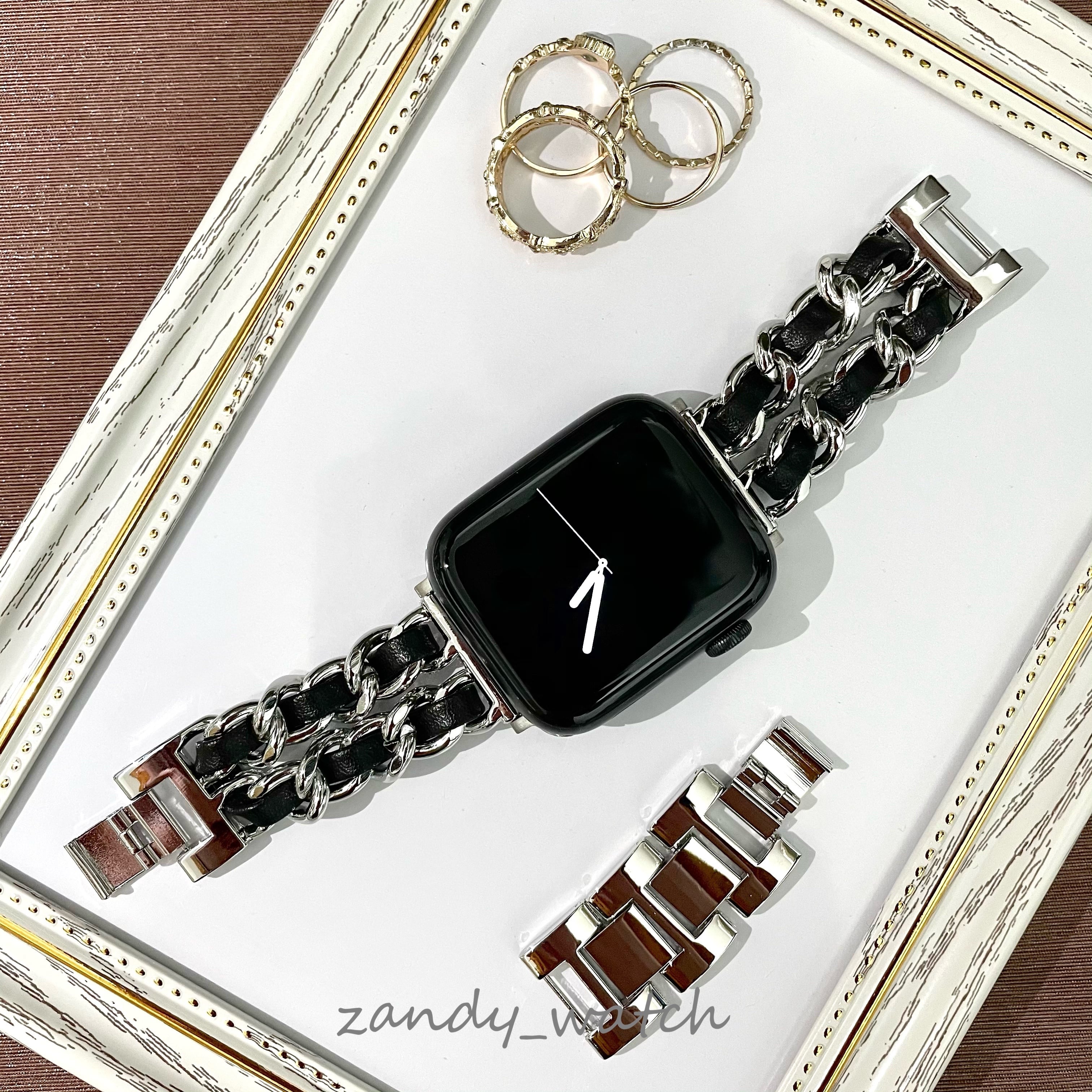 シルバーチェーン×本革】B043 アップルウォッチバンド チェーン×レザー