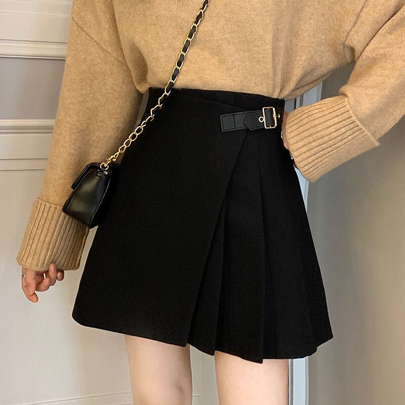 2019年秋冬の新しいイレギュラーハイウエストスカートレディースインバージョンのウールAラインスカートハイウエストプリーツスカート 1号婦人98782868900