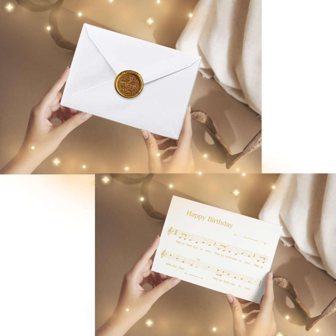 BeauTone 歌える 楽譜のバースデーカード ウサギ ゴールド箔押し シーリングスタンプシール付き