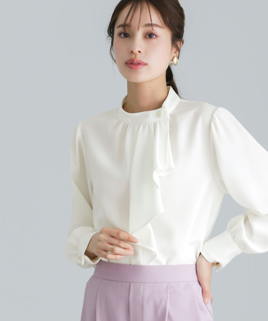 洗える 】 ソフトツイル・アシンメトリーフリルブラウス（775513