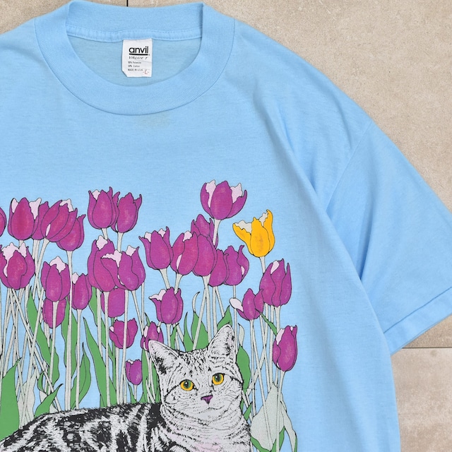 80s USA anvil cat & flower printed T-shirt
