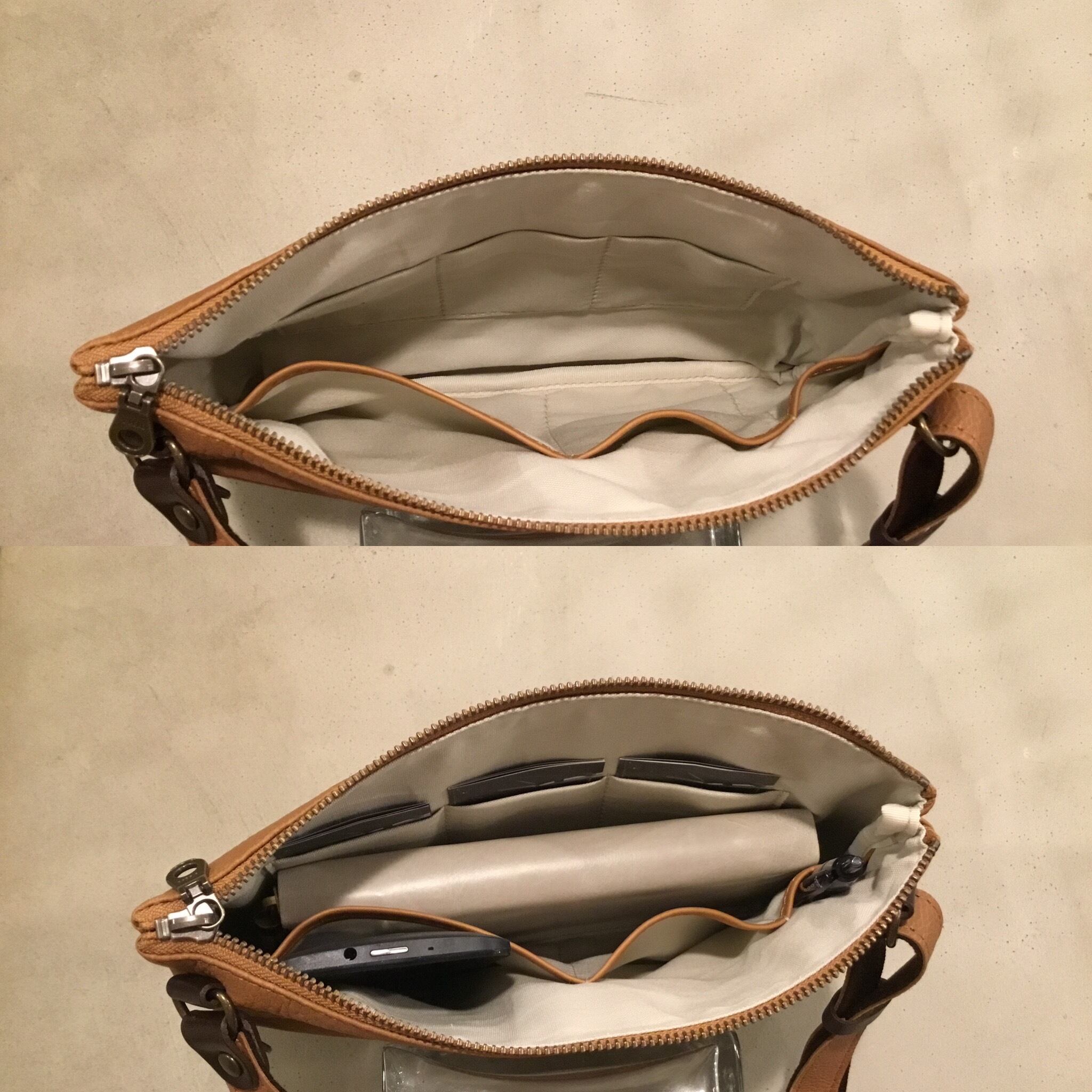 サコッシュ(ベージュ) シュリンクレザー 牛革 外ポケット付き サコッシュ | 株式会社 DIECI