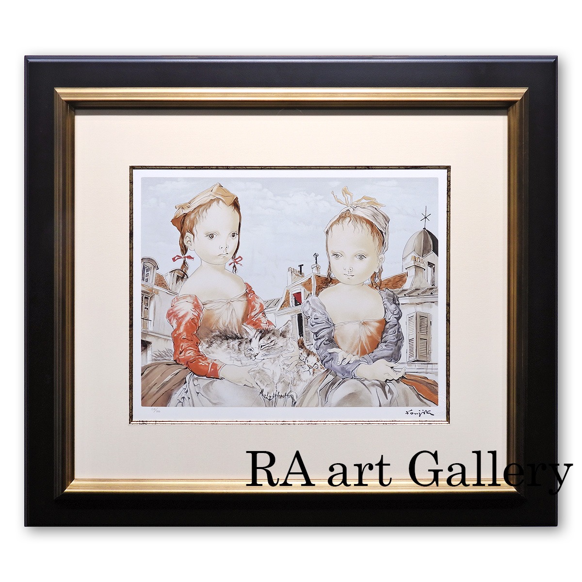 藤田嗣治 猫と二人の少女 人物画 女の子 新品 女性像 子供 街並み 秀作 