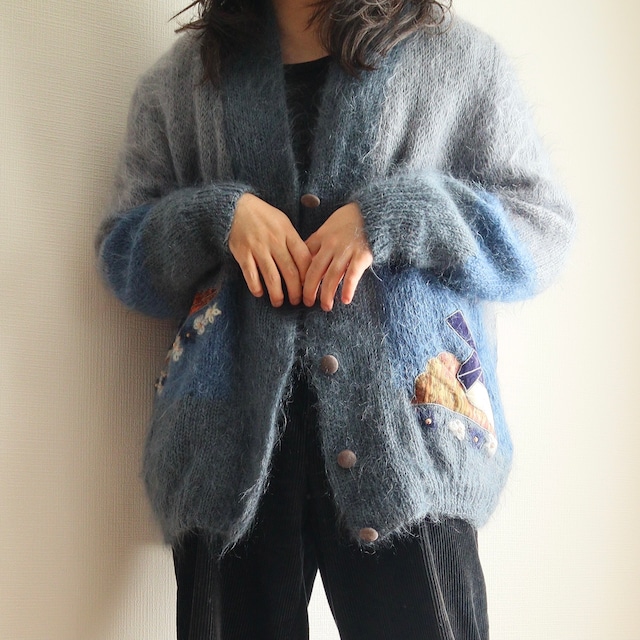 "モヘヤ" town motif design knit cardigan