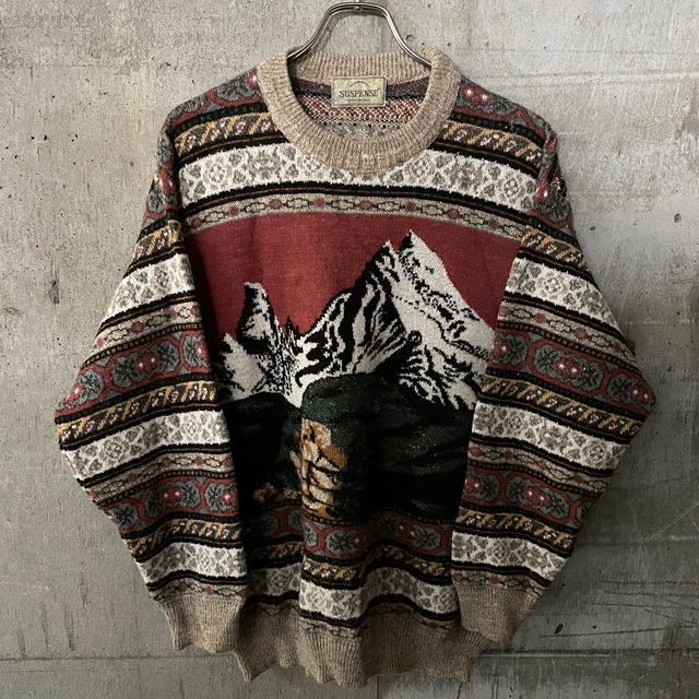 〖EURO_vintage〗made in Italy animal border design wool knit/イタリア製 アニマル ボーダー デザイン ウール ニット/lsize/#0510