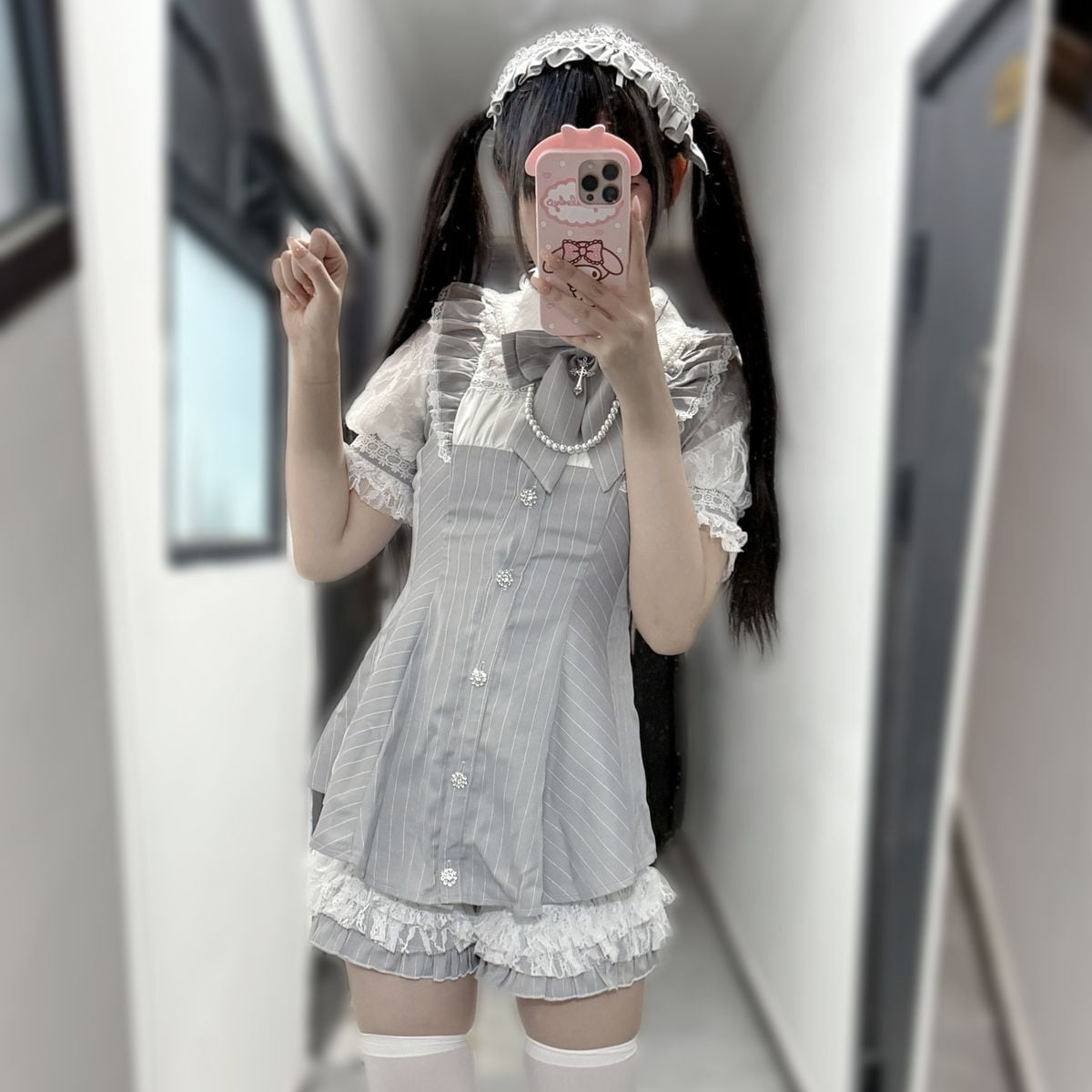 地雷系ストライプ柄パールリボンセットアップ | Maiden's Rêve