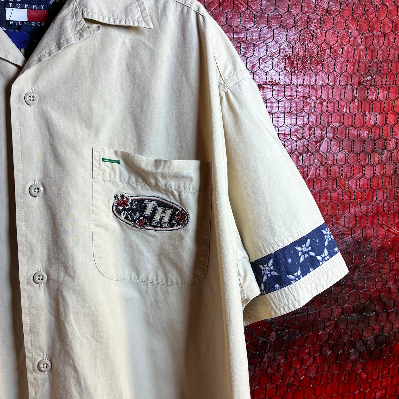 90s TOMMY HILFIGER コットンアロハ 刺繍 トミー