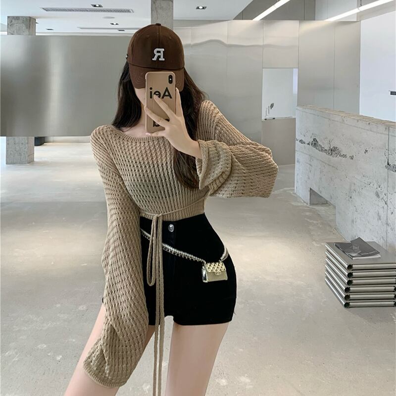 サマー薄手ショートニットセーター ウェストトップス レディース ロング レース 夏物 レースアップ ドラファッションホール68686476638