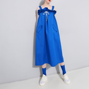 【ママ服】 ノースリーブワンピ 2way ミモレ丈 ロングスカート フリル リボン マタニティーワンピ 大きいサイズ ゆったり ワンピース ロング丈 マキシ丈 モード ブルー 黒 オーバーサイズ 春夏 秋
