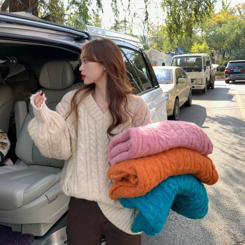 セーター ジャケット オータムウィンターVネックルーズプルオーバー トップス 秋物 冬物 ブラックストロベリース79116067856