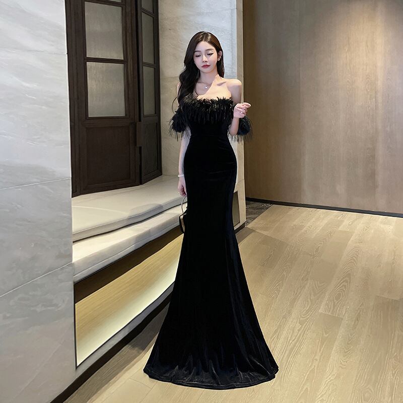 ロングドレス レディース オフショルダー フェザー装飾 ベルベット マーメイド ブラック パーティー イブニングドレスDQ2-YM9155