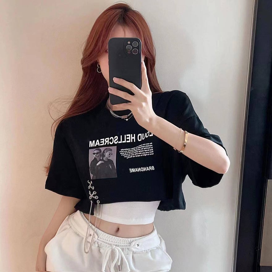 深夜街のノイズ チェーンレースアップ重ね着Y2Kサブカル系Tシャツセット