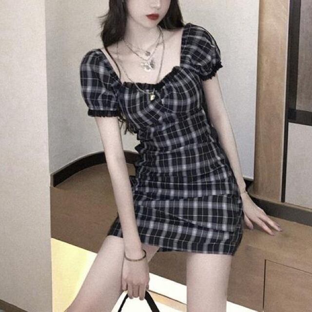 Mine Checkワンピース チェック柄 パフスリーブ ゴシック 原宿 韓国 アクセサリー 量産 地雷 Princesshyatt 量産 型地雷系原宿系パンクストリートブラック韓国系厚底リュック