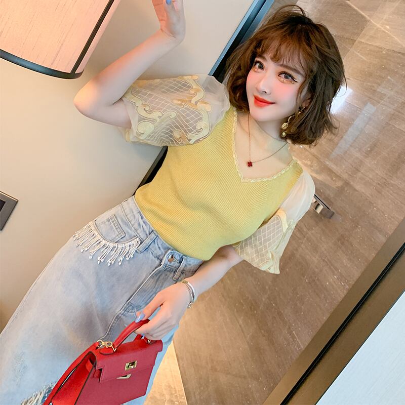 スタンダードスリムメッシュ刺繍スリーブニットTシャツ オータム レトロ 秋物 ステッチ MIUCO71126407411