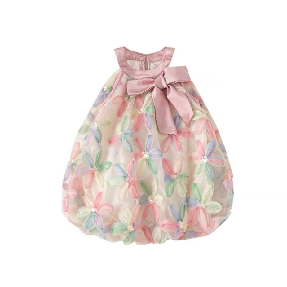 【80-140cm】全2色フラワーリボンチュールノースリーブワンピース