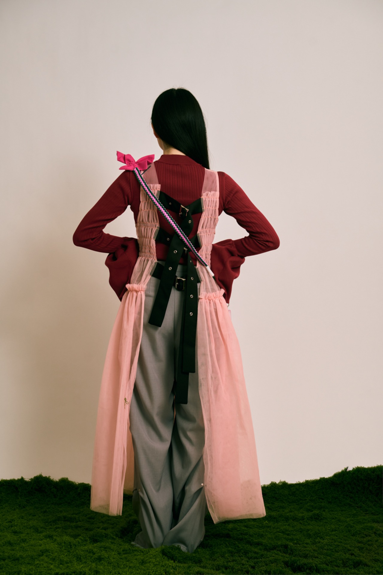 bi-tone frill strap Pink×Green