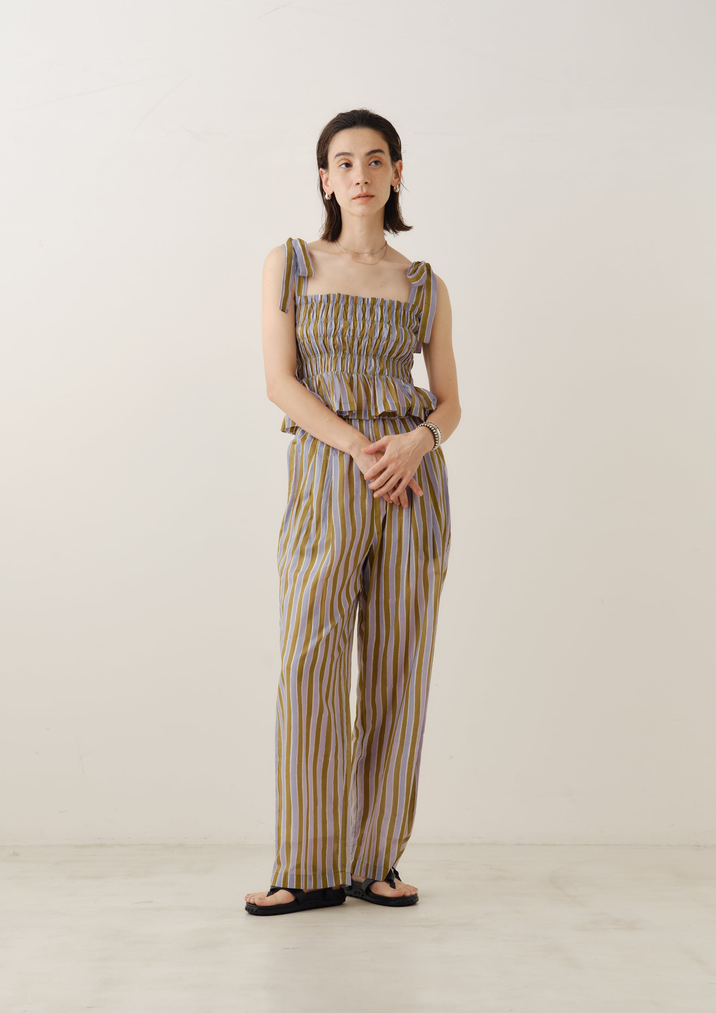 未使用級ꕥサラマリカ 24AW ジーナットコットンツイルエンブロイダリージレ Sara Mallika Cotton Wave Strip Print Pants | KOKO