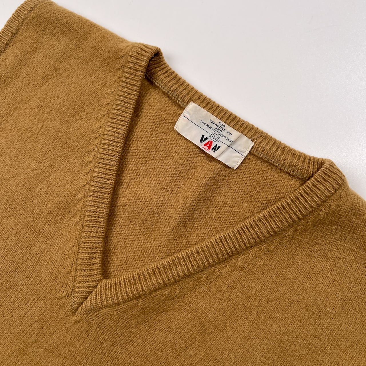 70s 当時物 VAN JAC ヴァンヂャケット Vネック ハイゲージ ニットベスト M /薄手/キャメル/アイビー/トラッド/男女でも