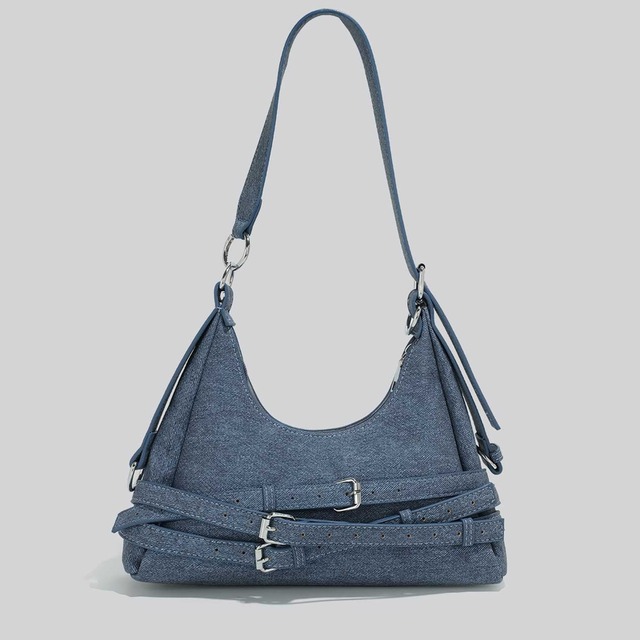 buckle-decorated denim hobo bag la3085