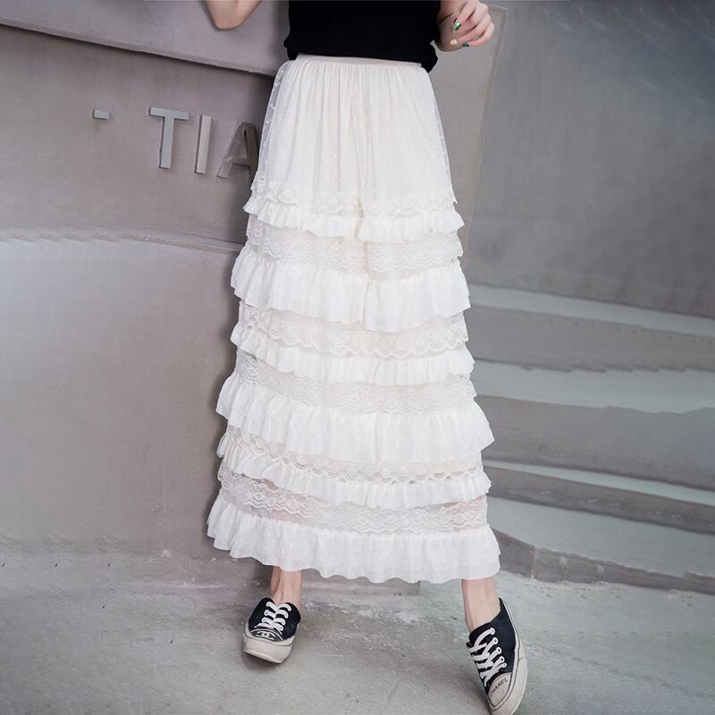 サマープリーツスカート ロングハイウェストウェストAラインレースメッシュ 大きめサイズ 夏物 ステッチ ミックスインファッション28902262257