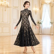 社交ダンス 衣装 ドレス ワンピース スタンダード ブラック系 黒 レース 高級感 落ち感 上品 ダンス パーティ レディース 舞台 クロッチ エレガント フォーマル 舞台