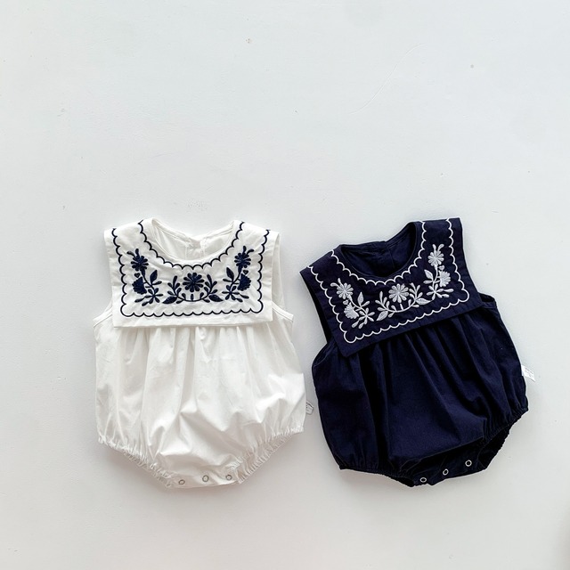 【BABY】フラワー刺繍セーラーカラーノースリーブロンパース - 11