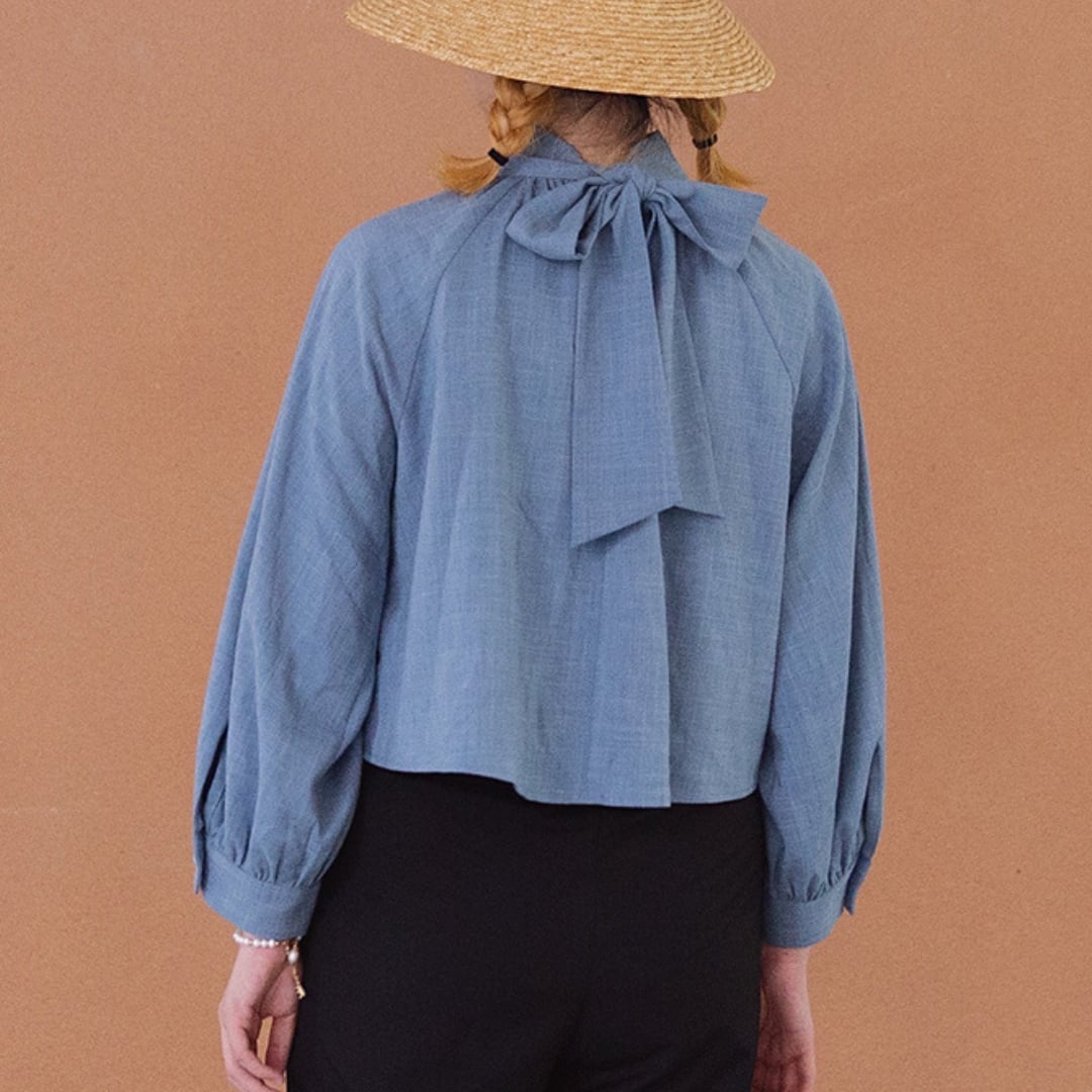 バックリボンデザインクロップド丈 スタンドカラーブラウス 00378